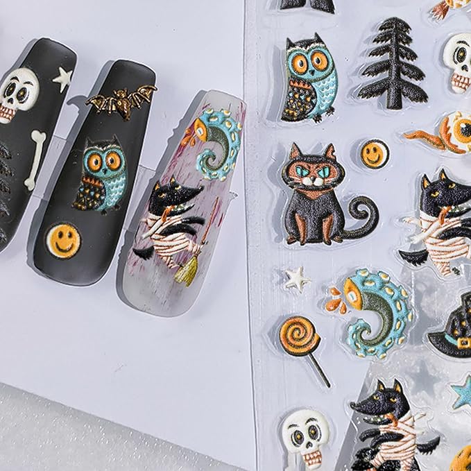 Halloween Nail Stickers for Nail Art Halloween Theme 5D Embossed Nail Decals Self-Adhesive Nails Supply Manicure Stickers for Nails Decoration