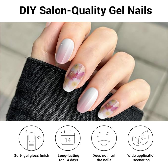 Semi Cured Gel Nail Strips, Spring Blossoms | 28 pcs Gel Nail Strips Work with Any UV Lamp, Salon Quality UV Nails Stickers, Easy to Apply for Home Nails DIY