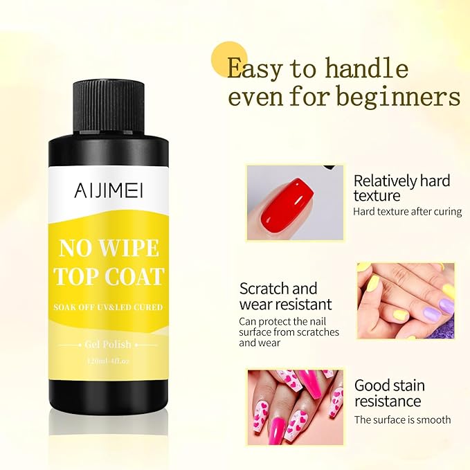 AIJIMEI 120ml Gel Polish No Wipe Top Coat Long Lasting Top Gel for Acrylic Nails,Top Coat for Home DIY and Nail Salon Non-Wipe TopCoat 4 Fl Oz