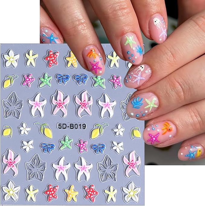 2 Sheets Colorful Starfish Nail Stickers, Flower Nail Decals, 5D Embossed Self-Adhesive Nail Art Stickers for Women DIY Summer Flowers, Shells, Bows, Starfish Manicure Decoration Supplies