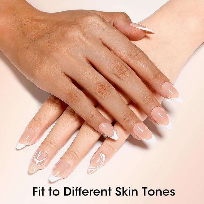 Gellen French Tip Press on Nails, 160 Pcs Soft Almond French Gel Nails with White Swirl Design, Classic Nude French Tip Nails