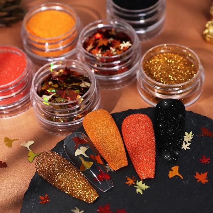 Fall Nail Art Glitter Maple Leaf Nail Sequins Flakes, 4 Colors Manicure fine Glitter Powder, 3D Holographic Ginkgo Biloba Nail Stickers Decals Supplies Nail Charms for Women Girls 6 Box