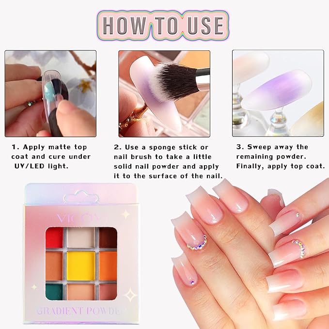 Nail Pigment Powder - 9 Colors Ombre & Gradient Nail Art Design Kit - Includes 5 Sponge Sticks & 1 Brush - Neon Powder for DIY Manicure Beginners