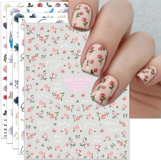Rose Flower Nail Art Stickers - Pink Floral Leaf Self-Adhesive 3D Nail Decals for DIY Spring Summer Manicure (6 Sheets)