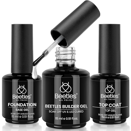 Beetles 3Pcs 15ml Builder Nail Gel with No Wipe Top Coat Gel Nail Polish and Base Coat Halloween Set for Nails Shine Finish and Long Lasting Nail Protection UV/LED Lamp Needed Gift for Women