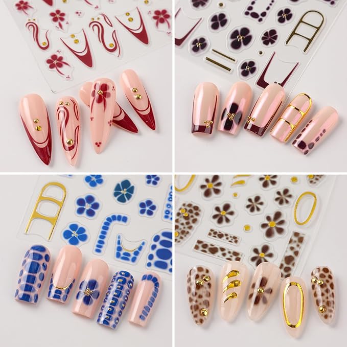 4Pcs Flower Nail Stickers for Nail Art - French Nail Art Stickers Autumn Winter Wine Red Brown Blue Floral Leopard Print Pattern 3D Self-Adhesive Nails Sliders Flowers Sticker for Nails Decoration