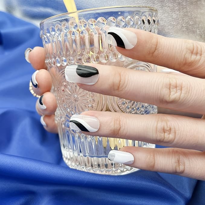 MOMSON Semi Cured Gel Nail Strips - 20 Real Gel Nail Polish Stickers/Full Nail Wraps - Art Manicure Kits for DIY at Home, Salon-Quality, Easy to Apply & Remove (Transparent, White & Black)
