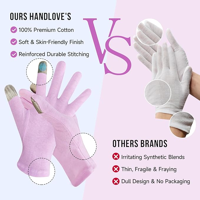 HandLove Premium 100% Cotton Gloves | Moisturizing Gloves for Dry Hands & Eczema | Overnight Sleeping Gloves, Eczema Gloves | Touchscreen | Touch Purple, 12 Pairs