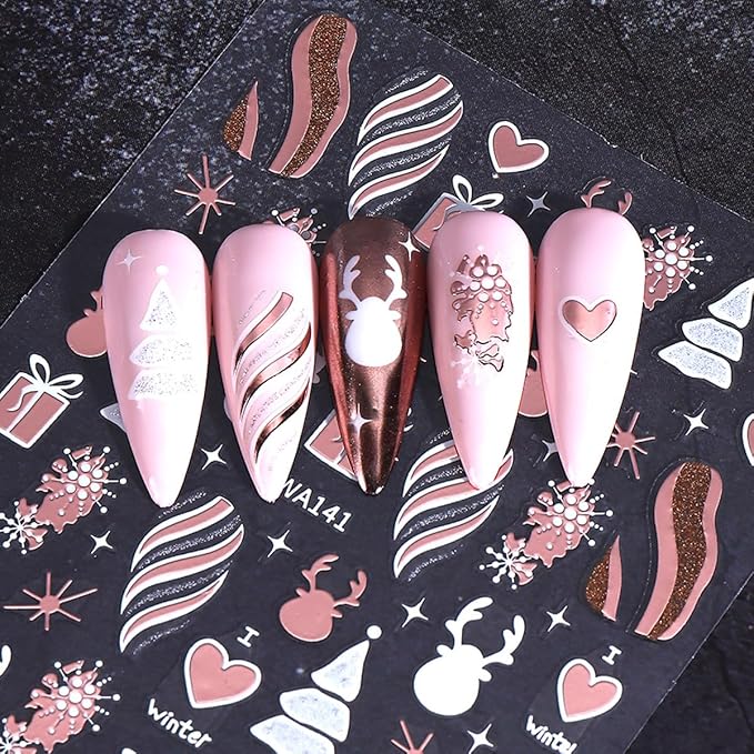 4 Sheets Christmas Nail Stickers for Nail Art WLGDLH 3D Self Adhesive Gold Pink Nail Art Stickers Snowflake Gift Nail Decals Xmas Elk Deer Nail Supplies for Women DIY Christmas Decorations
