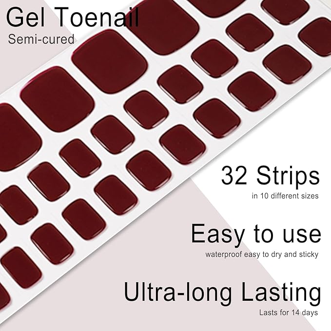 Semi Cured Gel Toenail Strips, 32 Burgundy Gel Toenail Stickers - Works with Any UV Lamps Pedicure Strips Full Nail Wraps with Nail File & Wood Stick
