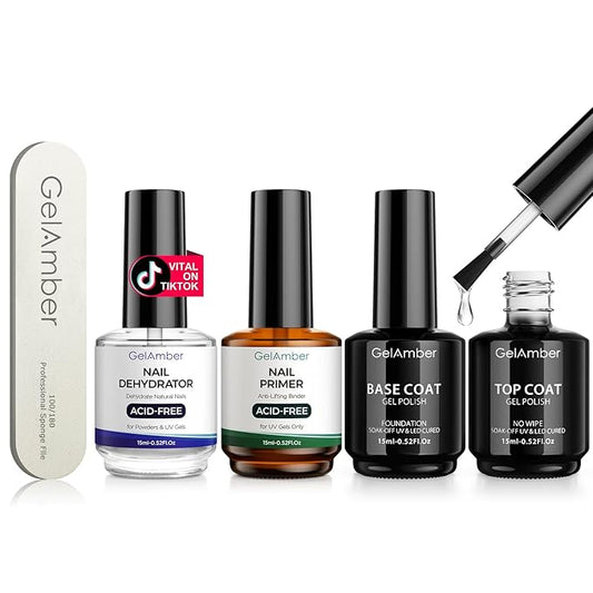 4Pcs 15ml Nail Primer and Dehydrator with Gel Base and Top Coat Set, Nail File, Acid-Free Glossy Durable Long-Lasting Finish Home DIY Nail Salon Nail Prep Kit Gift