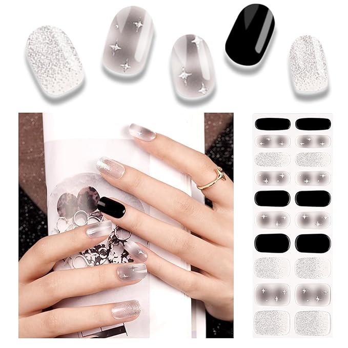 20pcs Semi Cured Gel Nail Strips, Real Nail Polish Art Stickers, Dark Star Gel Nail Stickers - Work with Any UV Lamp, Long Lasting Full Wraps with Nails File and Stick