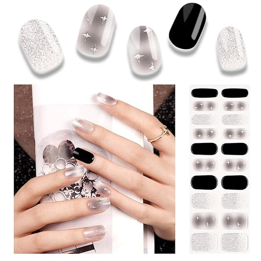 20pcs Semi Cured Gel Nail Strips, Real Nail Polish Art Stickers, Dark Star Gel Nail Stickers - Work with Any UV Lamp, Long Lasting Full Wraps with Nails File and Stick