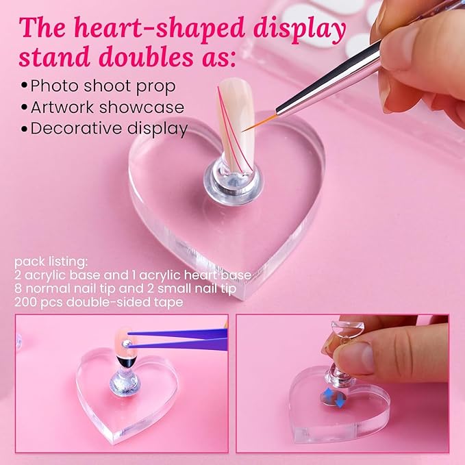 Wooden Stand for Nails Art Display Practice 2 Set, 1 Heart Shaped Acrylic Magnetic Nail Stand, Fake Nail Holder with 200 Pieces Double-sided Tape, For Home DIY Salon Supplies (Walnut, Large)