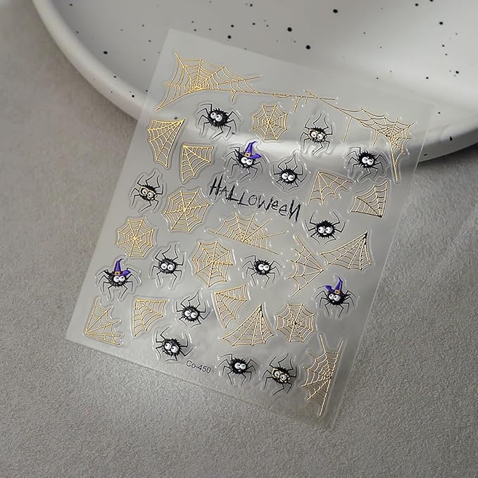 Spider Spider Web Nail Stickers for Nail Art 3D Glitter Gold Spider Web Black Spiders Nail Decals Design Stickers Acrylic Nails Tips DIY Manicure Decoration Supplies for Halloween and Daily Nails