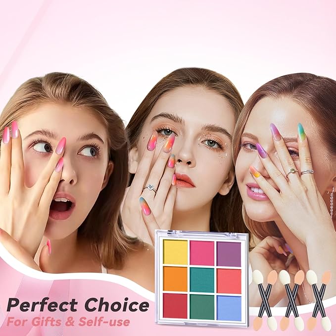 Nail Pigment Powder Palette, 9 Colors Solid Pigment Powder for Nails Ombre Gradient French Manicure, Nail Art Palette Rub Dust Glitter Manicure Home DIY Decoration Accessories, Bright Colors