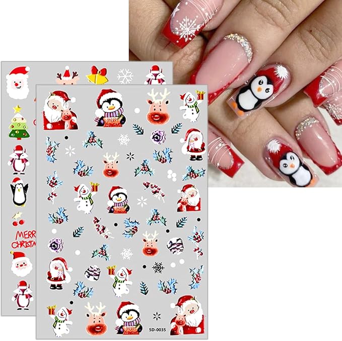 8 Sheets 3D Embossed Christmas Nail Stickers Self-Adhesive Santa Claus Decoration Reindeer Snowflake Gift Xmas Trees Decals Winter Acrylic Nail Art Supplies for Women