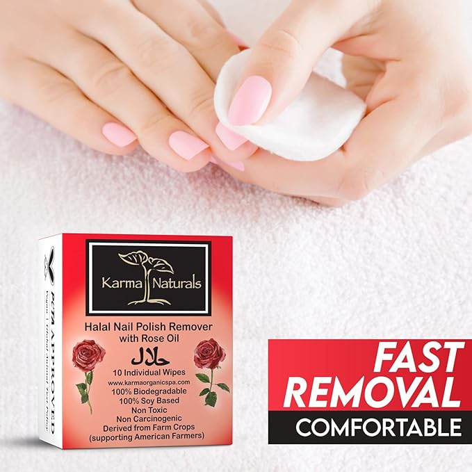 Karma Halal Nail Polish Remover Wipes with Rose Oil; Non-Toxic, Vegan, Cruelty-Free – Pack of 10