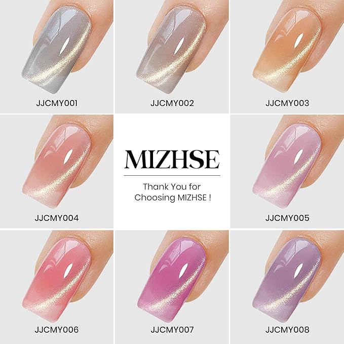 MIZHSE Cat Eye Gel Nail Polish, 8 Colors Glass Magnetic Gel Polish Set with Magnet Stick, Crystal Jelly Pink Purple Colors with Gradual Gold Cat Eye Effect Nail Polish Soak Off Nail Art Gift for Women