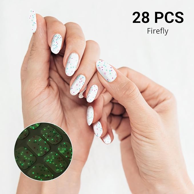 Semi Cured Gel Nail Strips, Firefly | 28 pcs Gel Nail Stickers Wraps Work with Any UV Lamp, Salon Quality, Include Prep Pads, Wood Stick