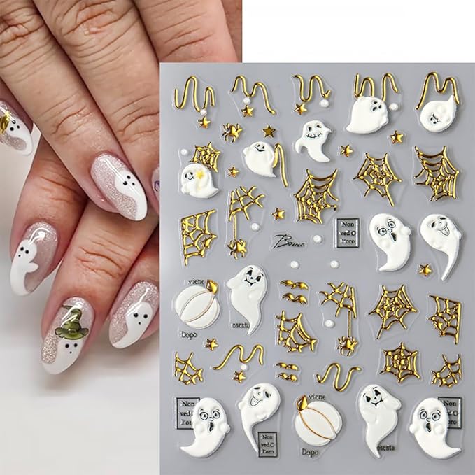 Halloween 5D Embossed Gold Spider Web Nail Art Stickers Cute Ghost Nail Art Decals Self-Adhesive Pumpkin Nail Decals Star Bat Nail Stickers Holiday Nail Supplies for Women Acrylic Nails 6 Sheets