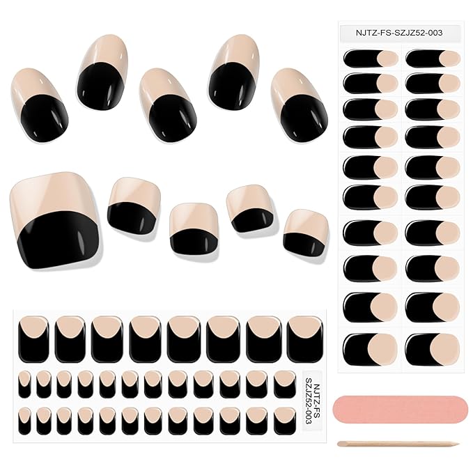 EBANKU 52Pcs Semi-Cured Gel Nail Strips Toes, Black Deep French Gel Nail Strips for Toes, Long-Lasting French Manicure Stickers Salon Nails at Home Requires UV Light with Nail File&Stick
