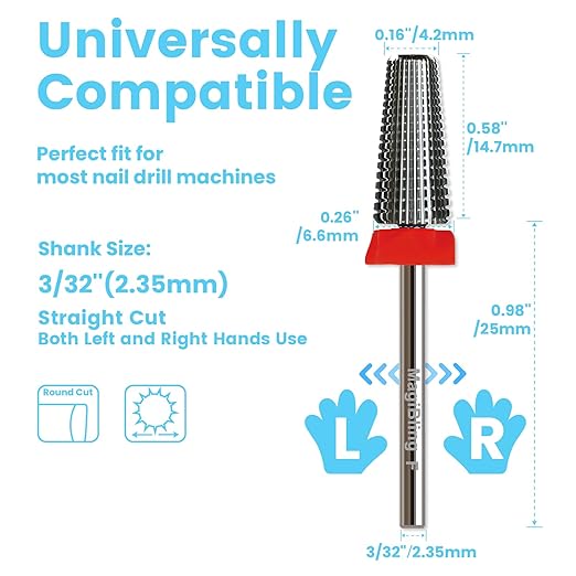 5 in 1 Nail Drill Bits, Straight Cut 3/32'' Professional Tungsten Carbide Bits, Two-way Rotation Easy for Left Hand, Hard Soft Gel Removal Fast Manicure Polishing, Fine