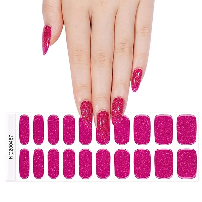 Semi Cured Gel Nail Strips, 20pcs Sparkling Berry Pink Gel Nail Stickers - Works with Any UV Lamps, Long Lasting Full Wraps, Easy to Apply and Remove