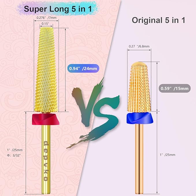 Depvko Super Long 5 in 1 Nail Drill Bits, 3/32'' Carbide Tungsten Bits, Two Way Rotate Professional Advanced Safety Bits for Nail, Fast Remove for Manicure Pedicure (Long 5in1-Gold, Fine-F)