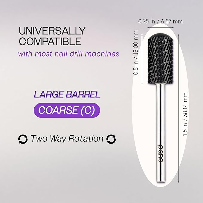 PANA 3/32" Large Smooth Round Top Safety Carbide Nail Drill Bit for Gel Polish & Acrylic Removal Nail Salon Manicure Pedicure Electric File Tools (Large Barrel - DLC Black, Coarse)