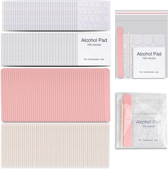 50 Set Disposable Press on Nail Tool Kit, Including 50pcs Nail File, 50pcs Adhesive Nail Tabs, 50pcs Prep Pad, 50pcs Wood Stick, 50pcs OPP Bag, Manicure Nail Prep Kit for Salon Home (50pcs-B-Pink)