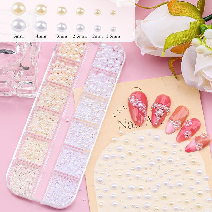 5 Boxes Nail Gems Kit - Flatback Rhinestones and Half Pearls & Nail Beads for Acrylic Nails, Colorful Rhinestones Crystal AB Clear Gemstones Silver/Gold Caviar Beads with Pickup Tools (23-S4-Beads)