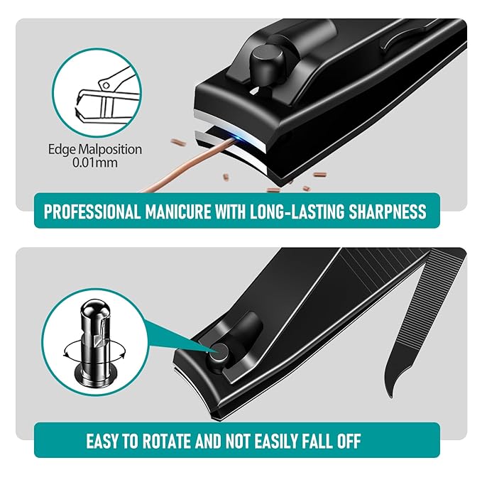 Nail Clippers Set, Heavy Duty Black Matte Stainless Steel nail Clipper with Nail File,Fingernail and Toenail Clipper Cutters, Nail Clipper Tools for Men & Women,Christmas Best Gift Tin Case