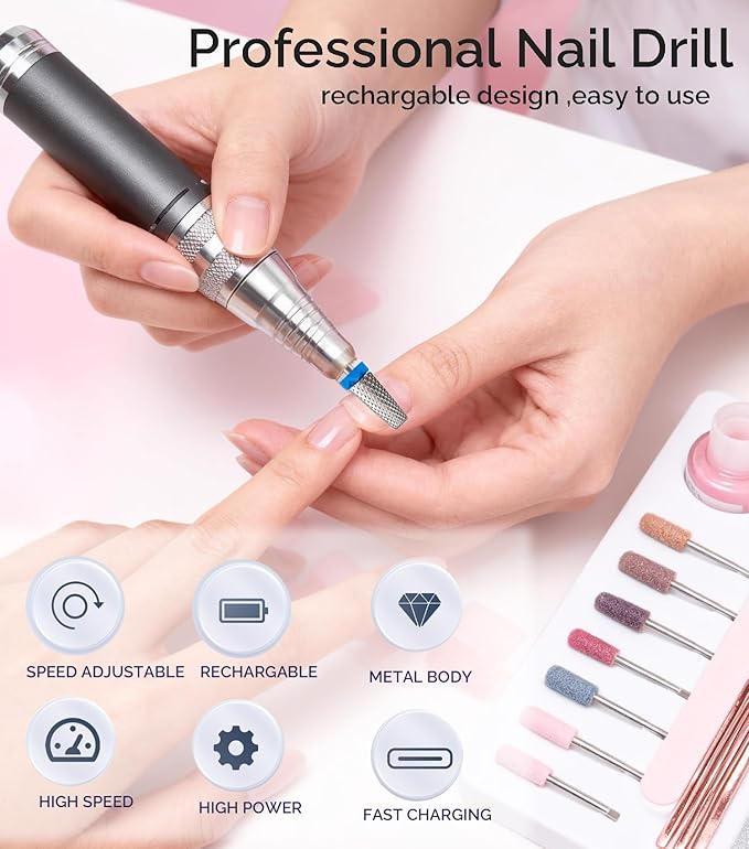 Lumcrissy 40000RPM Professional Electric Nail File Kit - Rechargeable Cordless Nail Drill for Acrylics Gel Nails, Portable Efile Machine with 6 Bits for Home Salon Manicure Pedicure Care (White)