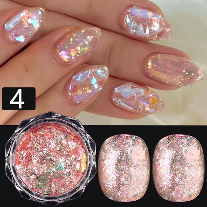 4 Jars Mermaid Flake Nail Glitter Sequins, Holographic Opal Powder, Iridescent Ice Crystal Mermaid Nail Art Pigment Sparkly Glitter for DIY Manicure Decorations