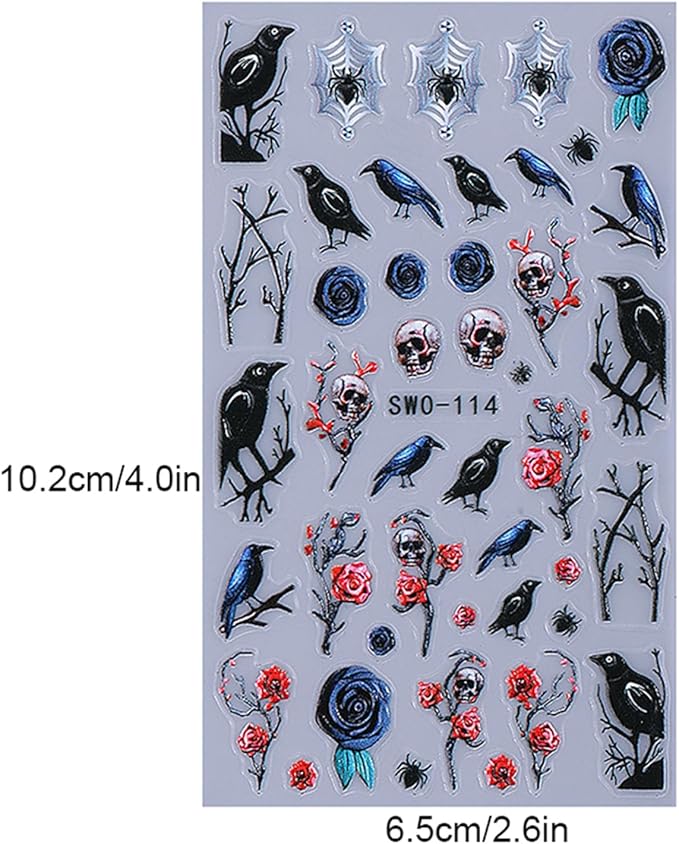2 Sheets Halloween Nail Art Stickers Decals 5D Embossed Skeleton Rose Nail Decals Black Birds White Ghost Flower Skull Rose Design Halloween Nail Stickers Manicure Accessories for Women Nail Art Decor