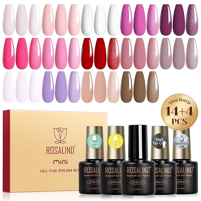 ROSALIND 18PCS Gel Nail Polish Set with Base Top Coat (Glossy Matte and Glitter),14 Colors Pink Red Nude Brown u v Gel Polish Series Soak off Nail Polish Gel Nails Art for Women