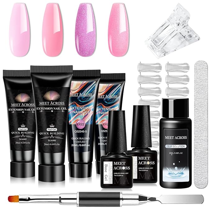 MEET ACROSS Poly Nail Gel 10Pcs Nail Extension Gel Set and Nail Extension Starter Kit for Beginners Nail Art DIY Home Gifts for Women (Pink, 12pcs)