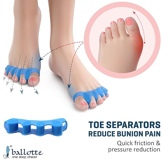 Ballotte Toe Separators, Silicone Toe Spacers for Bunions and Overlapping Hammer Toes, Athletic Tootsie Spacers for Running and Yoga, Foot Finger Splitters for Men & Women (Toe Seperators (Blue 6-Pack))
