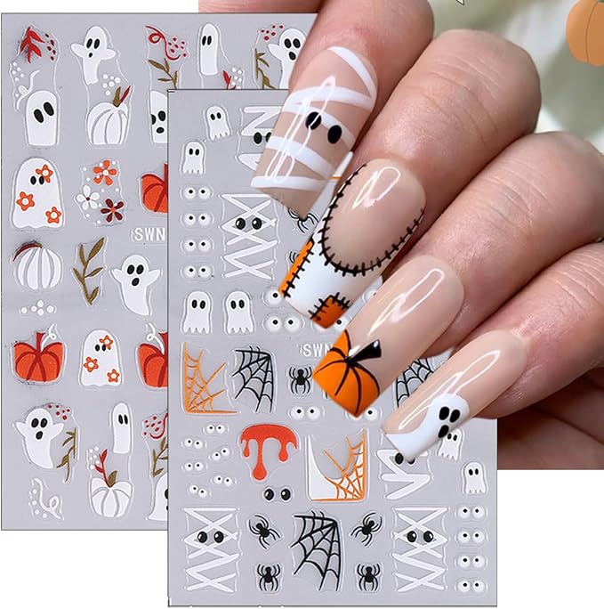 4 Sheets Halloween Nail Art Stickers Decals Cute Cat Ghost Nail Decals 3D Self-Adhesive Pumpkin Spider Web Skeleton Flower Nails Stickers Halloween Nails Supplies for Women Manicure Decor