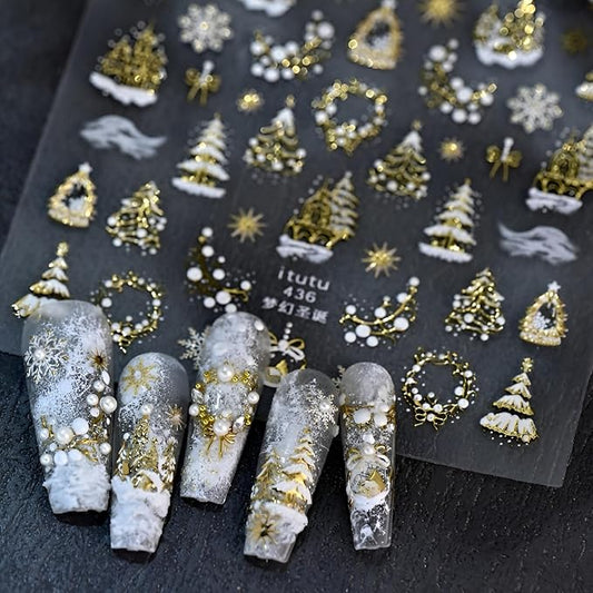 Christmas Nail Art Stickers 5D Embossed Xmas Tree Snowflake Nail Decals White Gold Christmas Nail Stickers for Nail Art Self Adhesive Nail Supplies Design for Women Girls