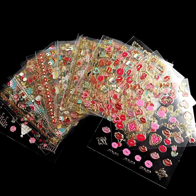 30 Sheets Valentine Nail Stickers: 3D Self-Adhesive Red Heart Designs, Rose Lip Bow, Valentine Decals & Supplies
