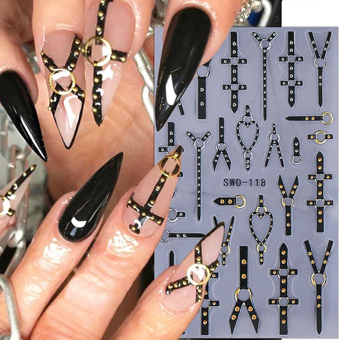 2 Sheets Gothic Nail Stickers for Nail Art Black Punk Belt Nail Design Decals Embossed Gold Silver Rivet Belt Nail Art Stickers 5D Self-Adhesive Halloween Nail Decals for Women DIY Manicure Supplies