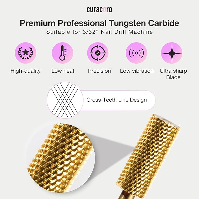 Curacoro Nail Drill Bits 3/32'' - Small Barrel Carbide Bit (Medium) for Professional Finish, Precisely Remove, Refine, Smooth Acrylic or Gel Nails, Nail Art Pedicure Manicure Salon & Home