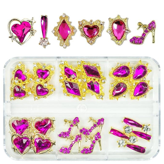 24pcs Rose Pink Nail Rhinestones Luxury Nail Charms Rose Red Heart Charms for Nails 3D Big Nail Gems K9 Glass Crystals Diamonds Jewelry Stones Alloy Nail Art Studs Decor for Arylic Nails Crafts
