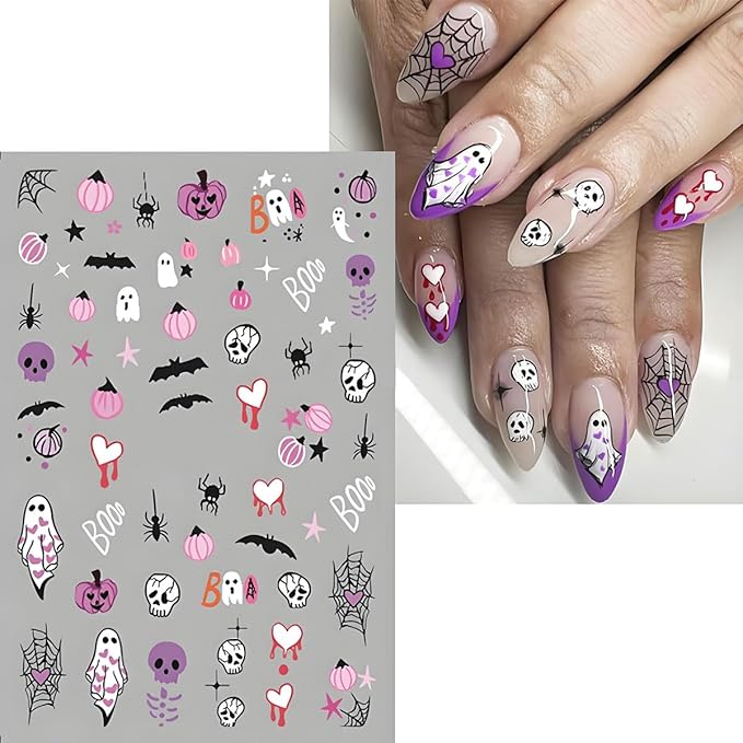 12Pcs Halloween Nail Stickers - 3D Self-Adhesive Halloween Nail Decals - Pink Ghosts Skull Pumpkin Nail Design Decorations for Halloweens DIY Manicure Supplies