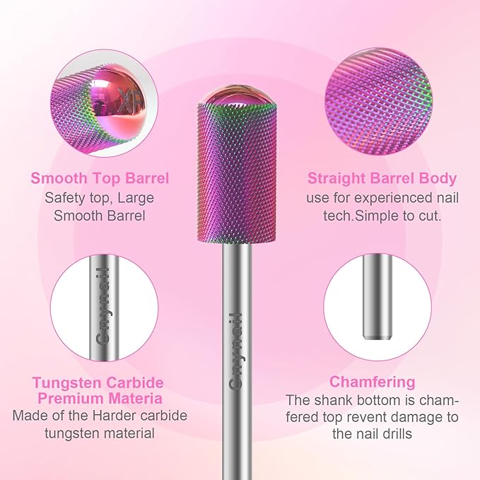 3/32" 2PCS Large Barrel Smooth Round Top Tungsten Carbide Nail Drill Bit Safety Bit for Gel & Acrylic Removal, 2-Way Rotating Efile Tip, Salon Electric File Accessory (XF Grit, Multicolor)