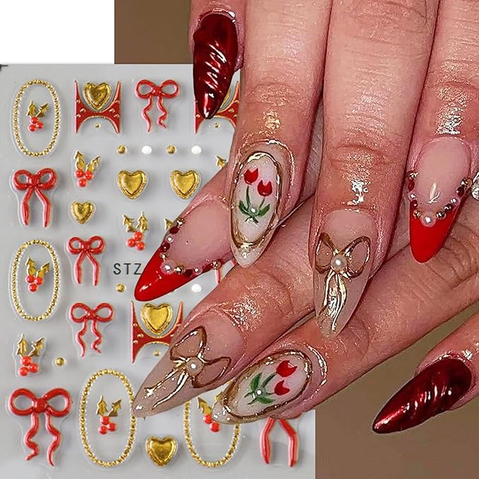 2Sheets Christmas Nail Art Stickers 5D Embossed Holly Nail Decals with Gold Beads Frame Designs Nail Stickers Self-Adhesive Red Bow Nail Decal Gold Heart Nail Sticker for Women Nails Decor Supplies