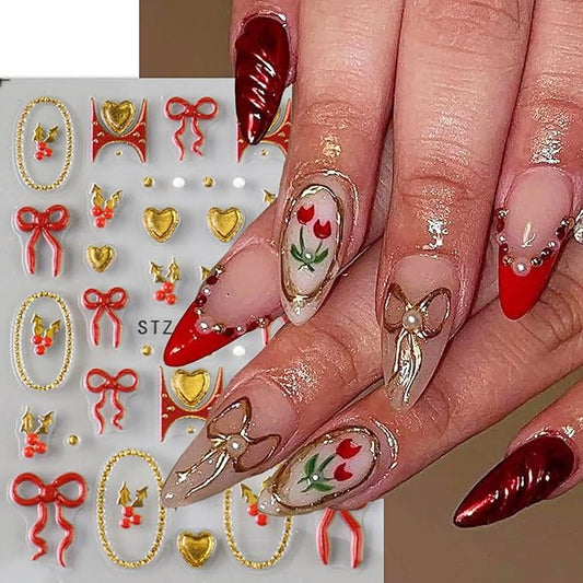 2Sheets Christmas Nail Art Stickers 5D Embossed Holly Nail Decals with Gold Beads Frame Designs Nail Stickers Self-Adhesive Red Bow Nail Decal Gold Heart Nail Sticker for Women Nails Decor Supplies