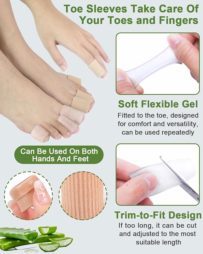 16PCS Silicone Toe Sleeves Gel Corn Protectors Toe Tube Cushions with 4 Size, Soft Corn Pads Covers for Women Men Pain Relief, Calluses, Blisters, Bunion, Hammer (8gel+8nylon)